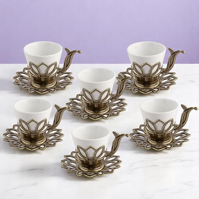 Alisveristime (Set of 6) Turkish Coffee Set with Porcelain Cups, Zamac Holders & Saucers – 80ml Capacity, Ottoman Motif, 4 Color Options (Antique Green)