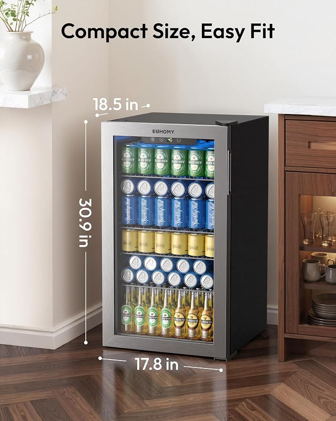 EUHOMY Mini Fridge 130 Can Beverage Refrigerator Cooler Glass Door for Soda Wine Beer, Beverage Cooler for Home, Bar, Office with Digital Temperature Control Removable Shelves, 3.2 Cu.Ft, Silver