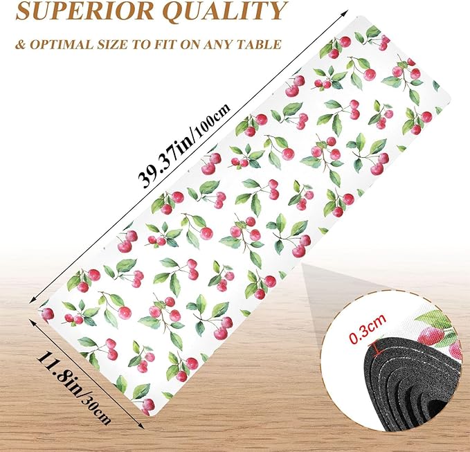 Watercolor Cherry Trivet Table Runner Heat Resistant 230F for Hot Dishes Pots Plates Kitchen Dining Table Protector Decorative 39.37 X 11.8 Inch