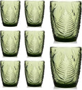 Green Drinking Glasses Set of 8, 10 oz Hand-Pressed Old Fashioned Glass Cups, Fern Textured Retro Lowball Tumblers, Vintage Glassware for Water, Whiskey, Wine, Cocktails & Juice, Housewarming Gift Set