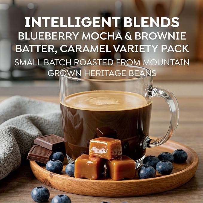 Intelligent Blends Blueberry Mocha, Brownie Batter & Caramel Macchiato Flavored Coffee Pods Variety Pack, 48 ct, Medium Roast Single Serve Pods – 100% Arabica Coffee, Compatible with Keurig K Cups Maker