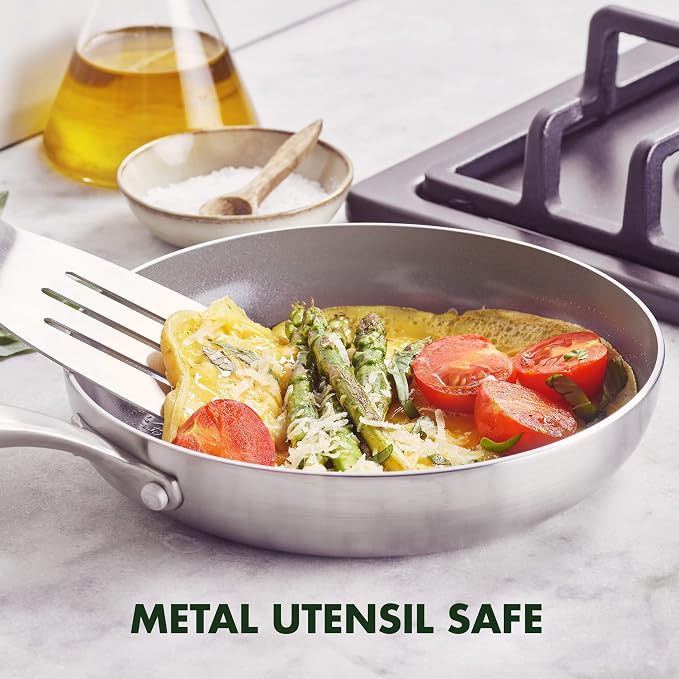 GreenPan Chatham Tri-Ply Stainless Steel 3-Piece Frying Pan Set, 8", 9.5", 11", PFAS-Free, Induction, Ceramic Nonstick Coating, Durable Cookware for Searing Sautéing & Frying, Oven & Dishwasher Safe