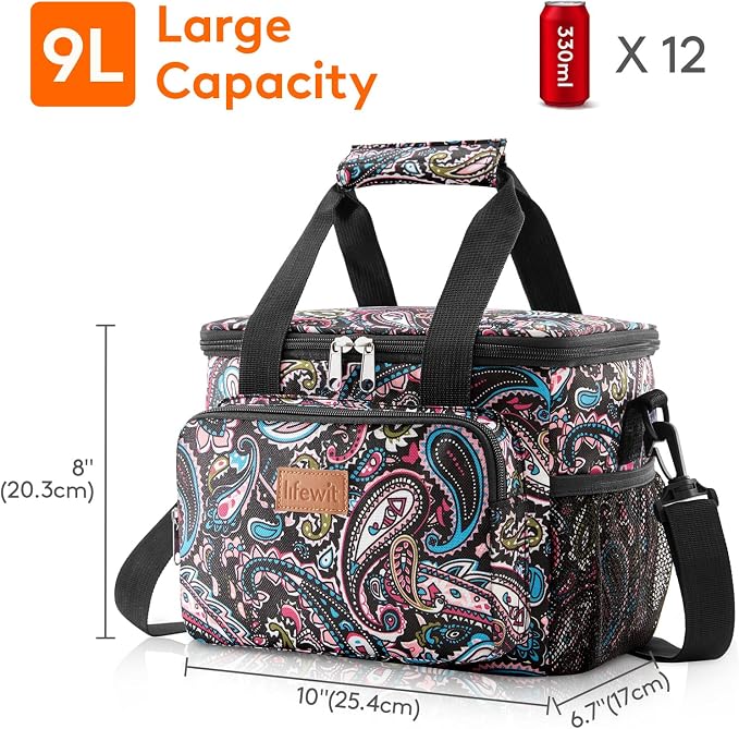 Lifewit Medium Lunch Bag, Insulated Lunch Box, Soft Cooler Cooling Tote for Adult Men Women, Paisley 12-Can (9L)