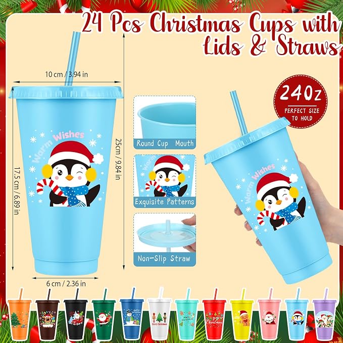 Feifeiya 72 Pcs/ 24 Set Bulk Gifts for Christmas 24 oz Christmas Tumbler with Lids and Straws Xmas Pens Notepads Set Reusable Plastic Cups for Holiday Classroom Gift Party Favor Employee