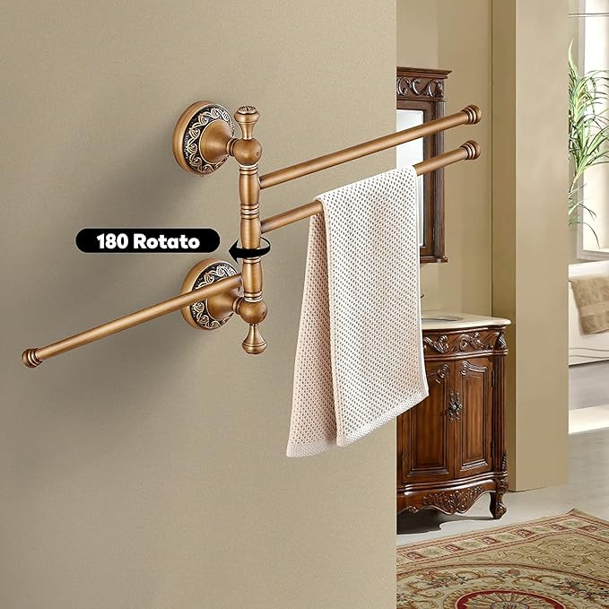 Leyden Swivel Towel Bar, Antique Brass 3 Arm Swing Towel Rack Towel Rotated Bar Holder Brass Wal