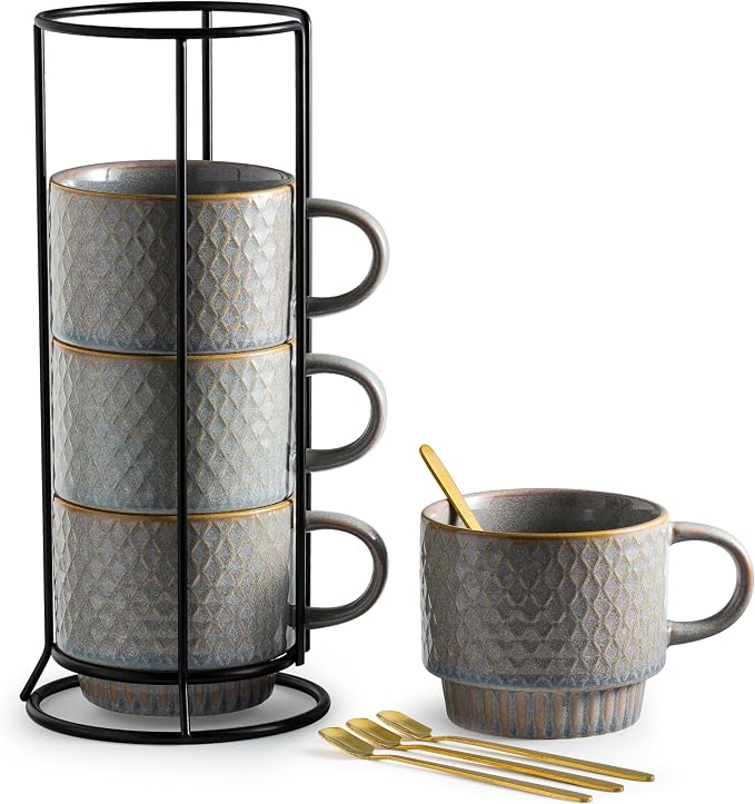Gomakren Coffee Mugs Set of 4, 13 Ounce Stackable Coffee Mugs with Stand, Father's Day Ceramic Coffee Cups with Spoon for Coffee, Espresso, Cappuccino, Latte, Cocoa, Tea and Milk, Light Gray