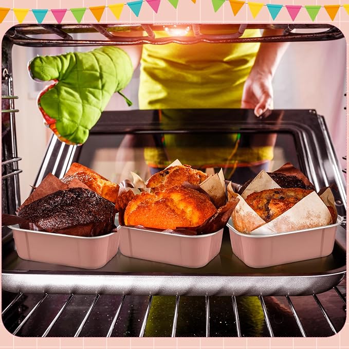 Vesici 100 Sets Mini Loaf Pans with Lids, 5.7 oz Disposable Aluminum Foil Baking Cups, Rectangle Cake Pans for Baking Storage Birthday Party(Champagne)