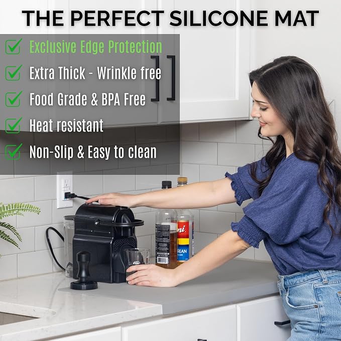 Extra Large Silicone Mat for Countertop with "Edge Protection" – Kitchen Counter Mat – Multipurpose Heat Resistant Silicone Mat – No Folds or Wrinkles – 1.5mm Thick, 36"x24", Gray
