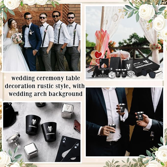 Mimorou 66 Pcs Groomsmen Proposal Gifts - Shot Glasses, Stainless Steel Ice, Flask, Funnel, Gift Boxes, Sunglasses, Knives, Bottle Opener, Cards, Wallets for Wedding Groomsmen Present Set (Fashion)
