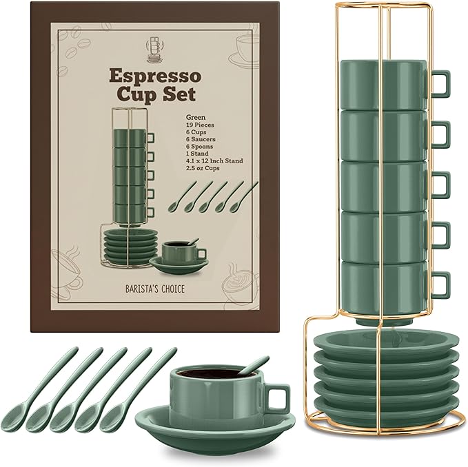 Houseables Espresso Cup Set, Espresso Cups Stackable, Expresso, Demitasse, with Saucers, Stand, Spoons, Coffee Mugs, Juego De Tazas Para Cafe, Porcelain, Stacking, 19 Pieces, Set of 6, 2.5 oz, Green