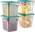 EGGKITPO 4 Pack 4 QT Food Storage Containers with Green Lids Hot Cold Resistant Stackable Square Commercial Container Set with Handle, Clear Scarle Home Party Business BPA-Free Polycarbonate