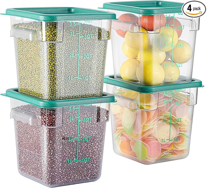 EGGKITPO 4 Pack 4 QT Food Storage Containers with Green Lids Hot Cold Resistant Stackable Square Commercial Container Set with Handle, Clear Scarle Home Party Business BPA-Free Polycarbonate