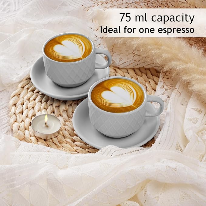 MIAMIO - 6 x 2.5 oz Stoneware Espresso Mug, Cup Set Modern with Stand and Saucers - Palmanova Collection (White)