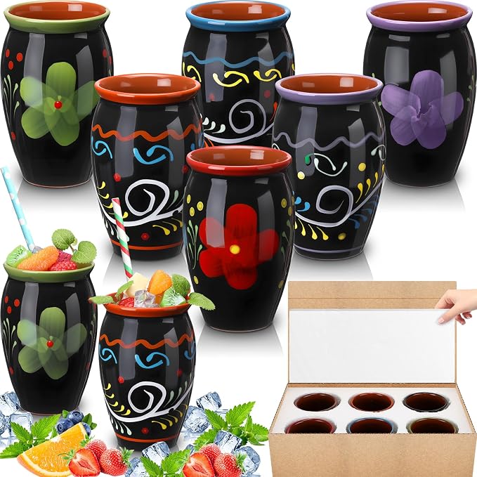 Gejoy 6 Pack 12oz Cantaritos de Barro Mexicanos Mexican Clay Cup Pottery Fiesta De Barro Mexicanos Cocktail Cups Coffee Mugs Cocktail Tea Glasses for Margaritas Mojitos (Dark,Black)