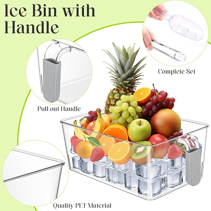 Aneco Plastic Freezer Ice Bin Set with Flexible Scoop Clear Storage Bin with Pull out Handle Tongs Ice Cube Tray Ice Container for freezer Kitchen, 12 x 7 x 4.4 Inch