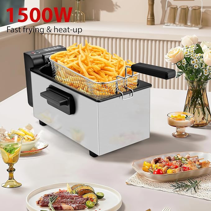 Pukomc Deep Fryer 3 Liter Capacity,1500W Oil Fryer with Adjustable Temperature,Viewing Window,Detachable Frying Basket,Made of Stainless Steel Material and Easy to Clean