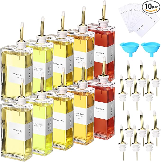 Reallnaive 10 Sets Olive Oil Dispenser Bottles for Kitchen with Nozzles Funnel Labels Cooking Oil Dispenser 500ml Set for Kitchen Vinegar Coffee Syrup (Gold)