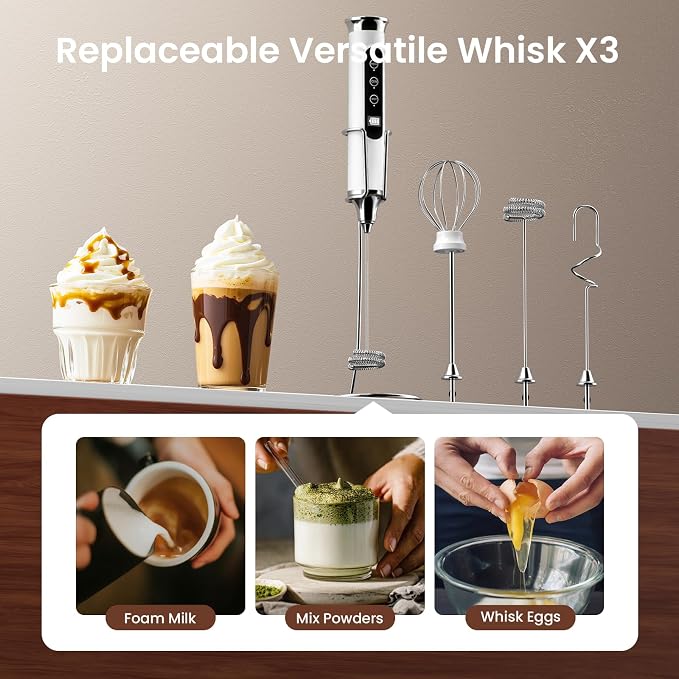 YUSWKO White Milk Frother Wand for Coffee with Stand, Handheld Coffee Frother, Rechargeable Drink Mixer, Waterproof Electric Whisk