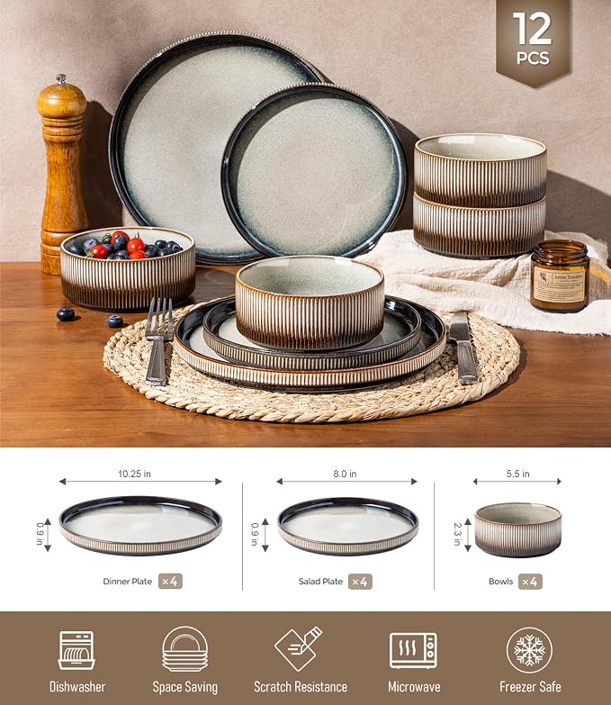 GBHOME 12-Piece Stoneware Dinnerware Set for 4 – Ribbed Ceramic Plates and Bowls, Scratch-Resistant, Microwave & Dishwasher Safe, Reactive Glaze, Sage Dersert Gradient