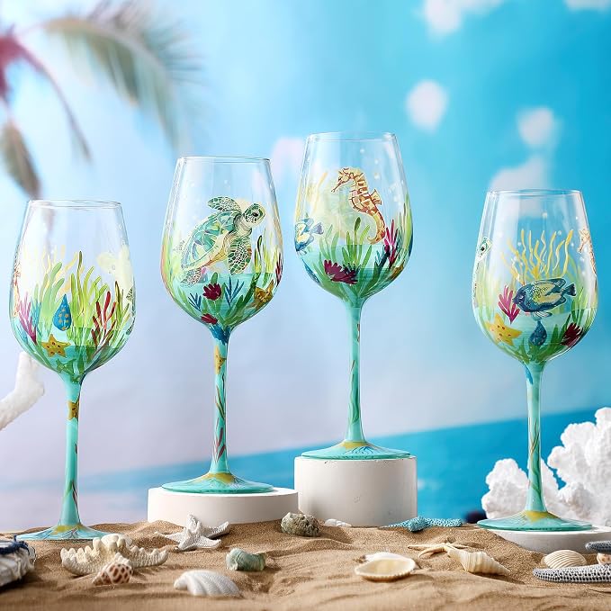 SiliFine 4 Pcs Ocean Hand Painted Wine Glasses Sea Animal Turtles Stemmed Wine Glasses Seahorses Seaweed Fish Decorative Drinking Cups Summer Ocean Beach Gifts for Women Men Birthday Party