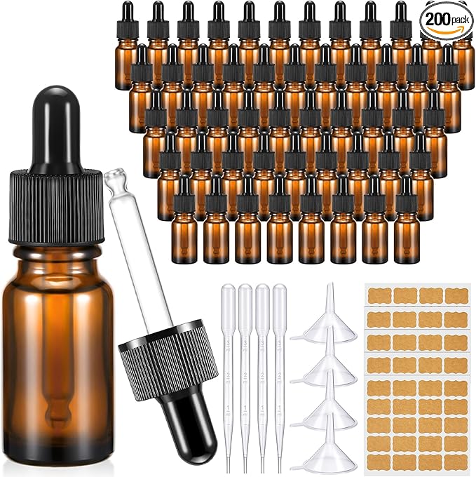 Lallisa 200 Pack Essential Oil Dropper Bottle 10 ml (1/3 Oz) Glass Dropper Bottles DIY for DIY Essential Oil Perfume with Funnels Pipettes Labels for Bathrooms, Hotels, Labs (Amber)