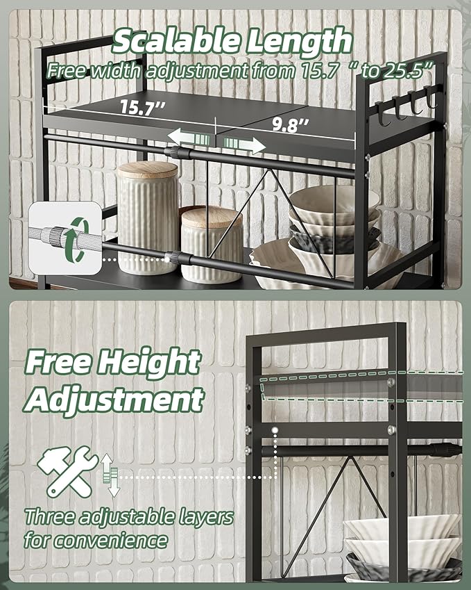 NETEL Expandable Microwave Stand,2 Tier Metal Kitchen Countertop Organizer Shelves with Paper Towel Holder and Baskets,Bakers Rack,Microwave Shelf,Microwave Oven Rack,55lbs Weight Capacity