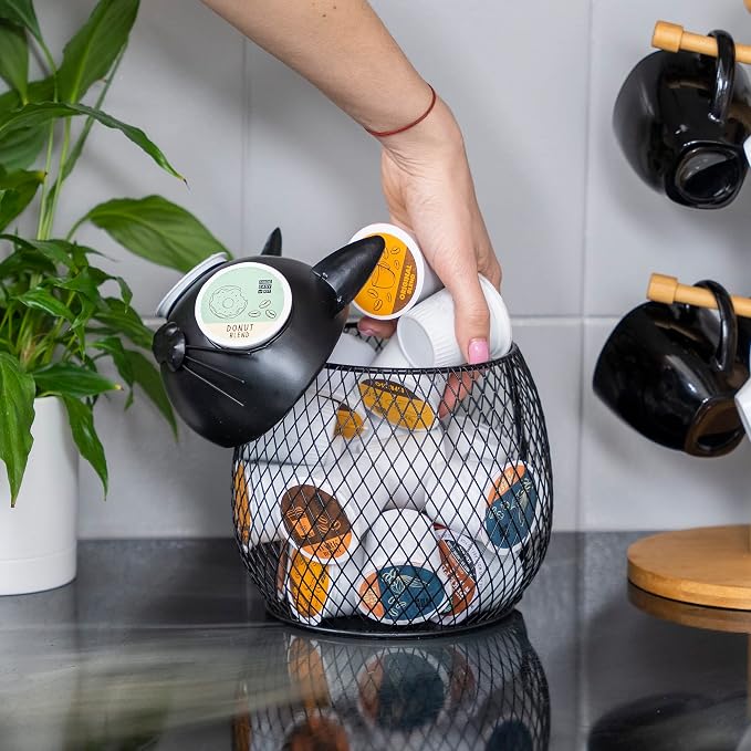 Made Easy Kit Cat Coffee Pod Holder Basket – Metal K-Cup Organizer for Countertop Coffee Bar – Cute Kitchen Décor Storage for Keurig Pods, Creamers & Capsules (25 Pod Capacity)