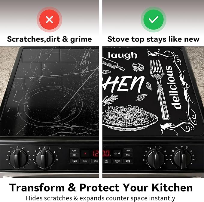 Decorative Stove Top Covers for Electric Stove 28"x20" – Heat Resistant Glass Cooktop Protector Dish Drying Mat – Non-Slip Rubber Backing Washer Top Cover Waterproof Extra Counter Space (Kitchen 1)