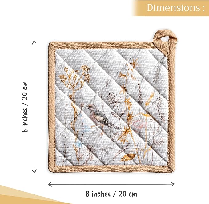 Maison d' Hermine Pot Holders 100% Cotton Heat Resistant Potholders 8" x 8" Hot Pads with Loop BBQ Baking Gifts for Mothers Day Handling Hot Pans Spring/Summer (Pack of 1, Meadow Florals - Beige)