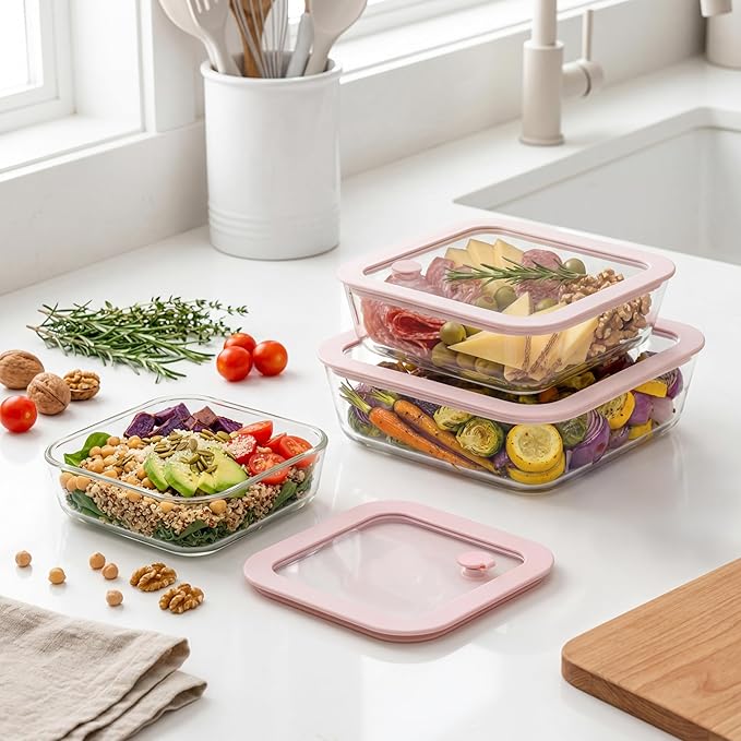 Urban Green Glass Food Container Set with Silicone Glass Lid, 3 Pack, Square Shape, Airtight, LeakProof, 100% Plastic Free, Meal Prep Food Storage Containers