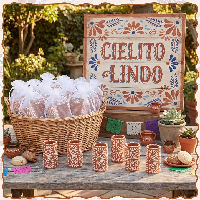 12 Set Cielito Lindo Party Favors Mexican Tequila Shot Glasses Mexican Pottery Gift Mugs for Tequila Lover Favors Birthday Party Supplies (Terracotta, Handleless)