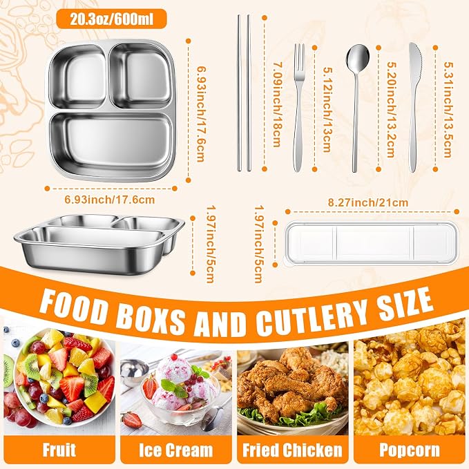 36 Pcs Stainless Steel Snack Container Set with Fork, Knife, Spoon & Chopsticks – 6 Pack 20.3 oz Leakproof Bento Snack Boxes, 2-compartment Food Storage Container for Fruit, Meal Prep & Travel