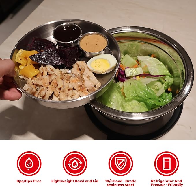 Salad Bowl Kit 74oz,Salad Container For Lunch,18/8 Stainless Steel,Salad Bowl With Lid, Includes 1.7oz Condiment Container and Removable Tray,Leak-Proof, Easy to Clean(Black)