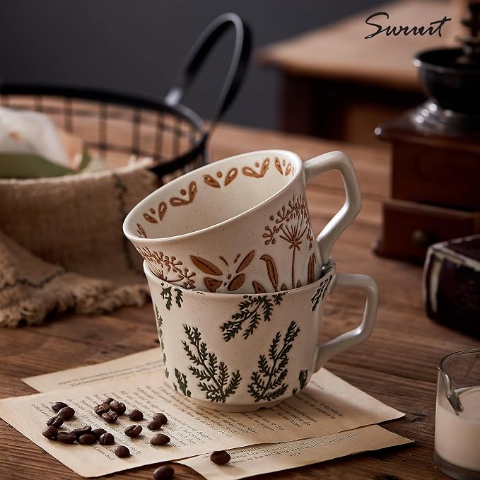 12oz Vintage Ceramic Coffee Mug Set of 2 - Handmade Stoneware Pottery Countryside Farmhouse Fall Autumn Tea Mugs with Big Handle for Latte,Cocoa,Dishwasher & Microwave Safe Cups (Plants)