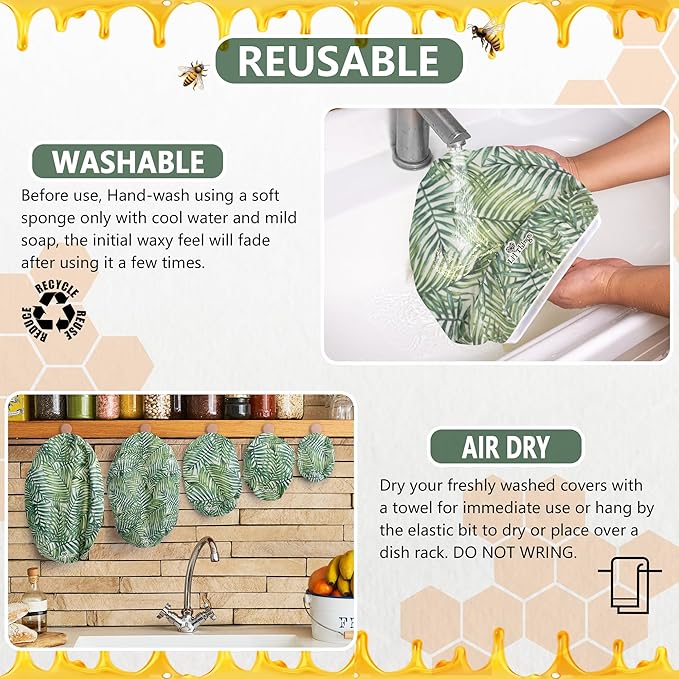 Beeswax Bowl Covers Set of 5 (XS–XL) – Reusable Elastic Food Covers for Bowls – Organic Cotton with Beeswax, Washable & Plastic-Free | Li’l Things – Palm Leaves