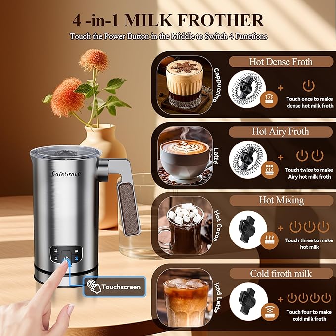4-in-1 Milk Frother for Coffee, Automatic Warm and Cold Foam Frother, One-Touch Milk Steamer and Frother for Coffee, Latte, Cappuccino, Macchiato, Hot Chocolate, Matcha, Easy to Clean
