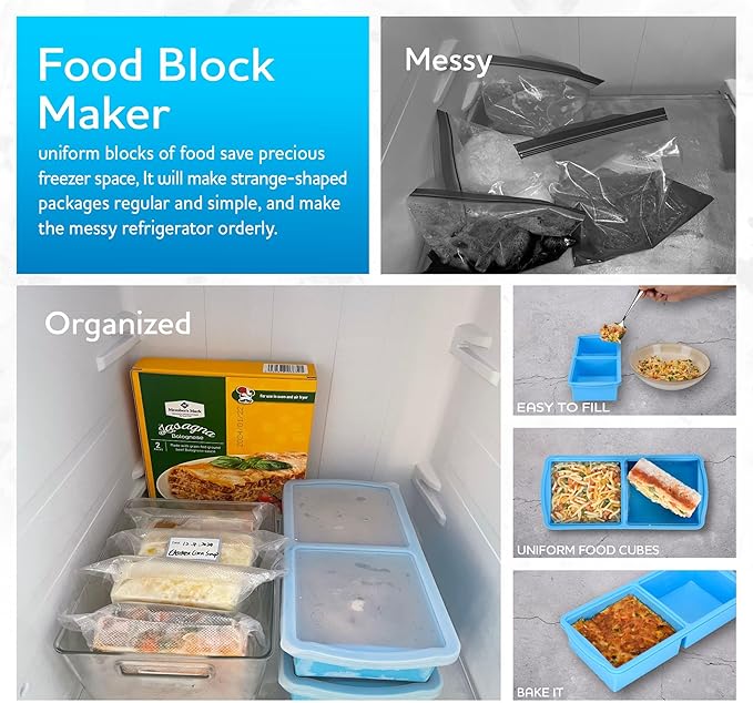 ZIP STANDING Silicone Food Storage Bag And 2 cup Silicone Freezer Trays With Lid, Soup Freezer Container,Large Ice Cube Molds With Reinforced Steel Ring Top Perfect for Freezing Soups, Lasagnas, Casse