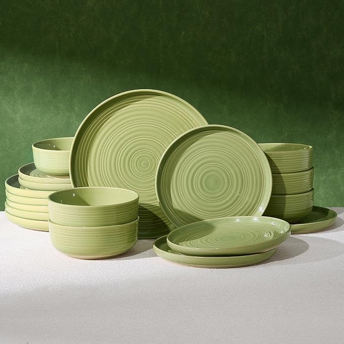 18-Piece Stoneware Dinnerware Sets for 6 - Farmhouse Coupe Plates and Bowls with Speckles & Spirals - Chip & Scratch Resistant, Microwave & Dishwasher Safe - Gift Box, Olive Green