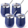 Volhoply 12oz Stainless Steel Wine Tumbler with Lid Bulk 4 Pack,Double Wall Vacuum Stemless Wine Glasses,Reusable Metal Travel Coffe Mug with Straw,Insulated Cup Gifts for Women,Christmas（Navy,4 Set）