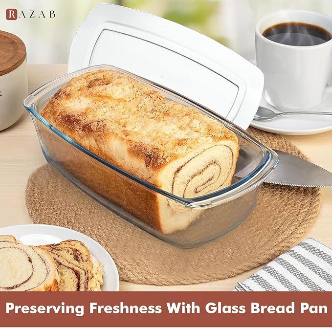 Razab LARGE 7.6 Cups/1800 ML/1.9 Qt Glass Loaf Pan with Lids - Meatloaf Pan BPA free Airtight Lids Grip Handle Easy Carry, Microwave and Oven Safe - Loaf Pans For Baking Bread, Cakes, Glass Loaf Pan