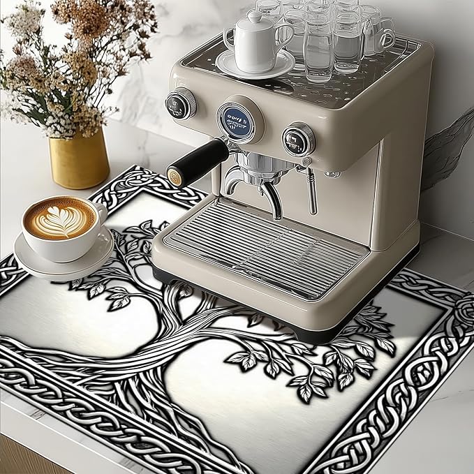 HOMETITUTE Tree of Life Stove Top Cover for Electric Stove Silver Embossed Celtic Design Dish Drying Mat 28x20 Inch Decorative Kitchen Protector Fit Under Coffee Maker