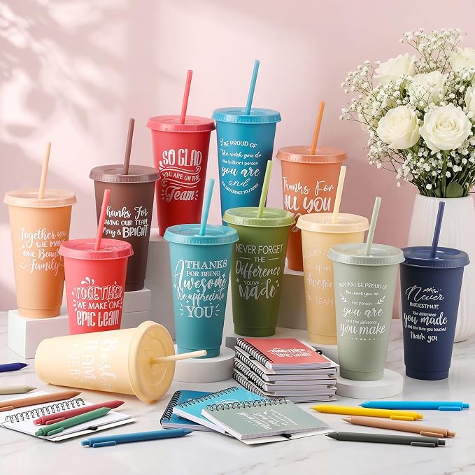 Shellwei 36 Pcs Employee Appreciation Gifts Bulk 24 oz Thank You Tumbler with Lid and Straw Mini Spiral Notebooks and Pens Appreciation Gifts for Team Employee Coworkers Teacher (Together)