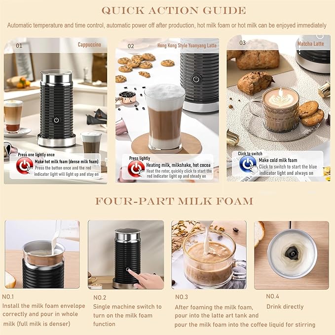 Automatic milk frother,Milk frothing machine,Electric for Hot & Cold Froth, Froth Or Heat Milk，Multifunctional milk frother，Automatic off & Easy Cleaning, Silent Operation (Black)