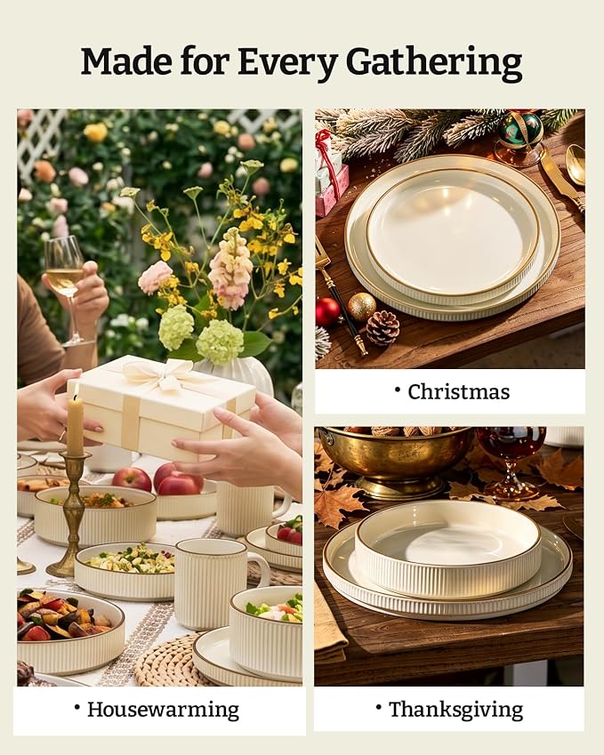 Famiware Star 16-Piece Stoneware Dinnerware Sets with Trim, Service for 4 - Shallow Pasta Bowls & Flat Plates, Modern Rustic Ribbed Dishes, Chip & Scratch Resistant, Microwave & Dishwasher Safe, Cream