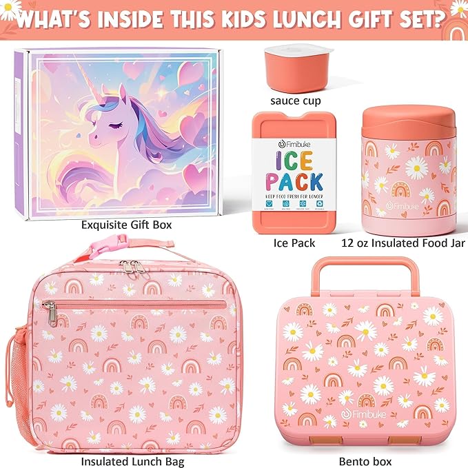 Fimibuke Bento Lunch Box for Kids with Food Ja, 3-Compartment 32OZ Snack Lunch Container, Lunch Bag, 12OZ Insulated Food Jar & Ice Pack Set for Age 3-12 School Daycare Toddler Teen Girls Boy, Rainbow