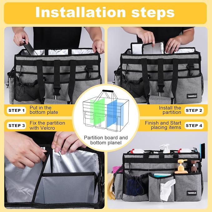 Extra Large Cleaning Caddy Bag with Rigid Support Board, Cleaning Organizer Tote with Detachable Divider, Adjustable Shoulder Strap & Waist Belt, Cleaning Supply Carrier for Cleaners & Housekeepers