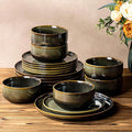 TheTerra Ceramic Dinnerware Sets for 6, 18 Pieces Handmade Reactive Glaze Plates and Bowls Set, Scratch Resistant Dish Set, Oven & Microwave & Dishwasher Safe, Olive Green