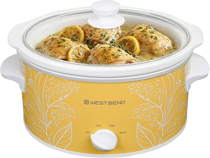 West Bend 4-Quart Manual Slow Cooker with 3 Cooking Settings, Dishwasher-Safe Ceramic and Glass Lid, 210 Watts, Yellow