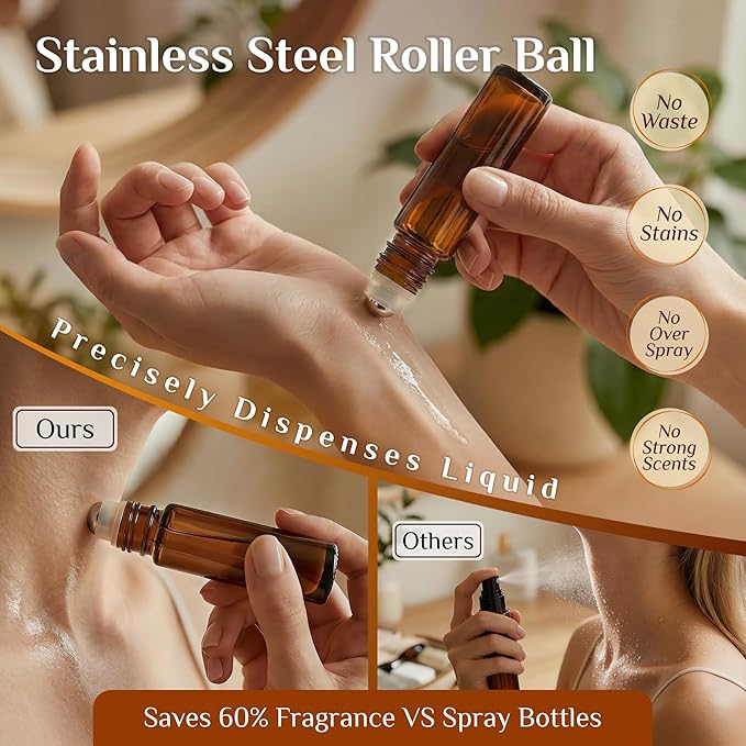 PrettyCare 24 Pack, 10 ml Essential Oil Roller Bottles with Stainless Steel Roller Ball - Refillable Leak-proof Empty Thick Amber Glass Roll on Bottles with Metal Caps for Travel, Perfume