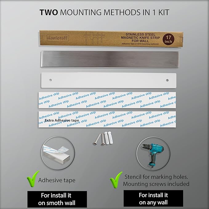 Premium Magnetic Knife Strip for Wall no Drilling – 17 Inch Stainless Steel Magnetic Knife Holder with Strong Adhesive Tape - Kitchen Magnet Knife Bar with Screws (Upgraded Version)